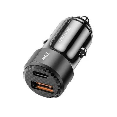 Porodo 50W Dual Port Car Charger PD 20W QC 30W with C to L Cable - Black